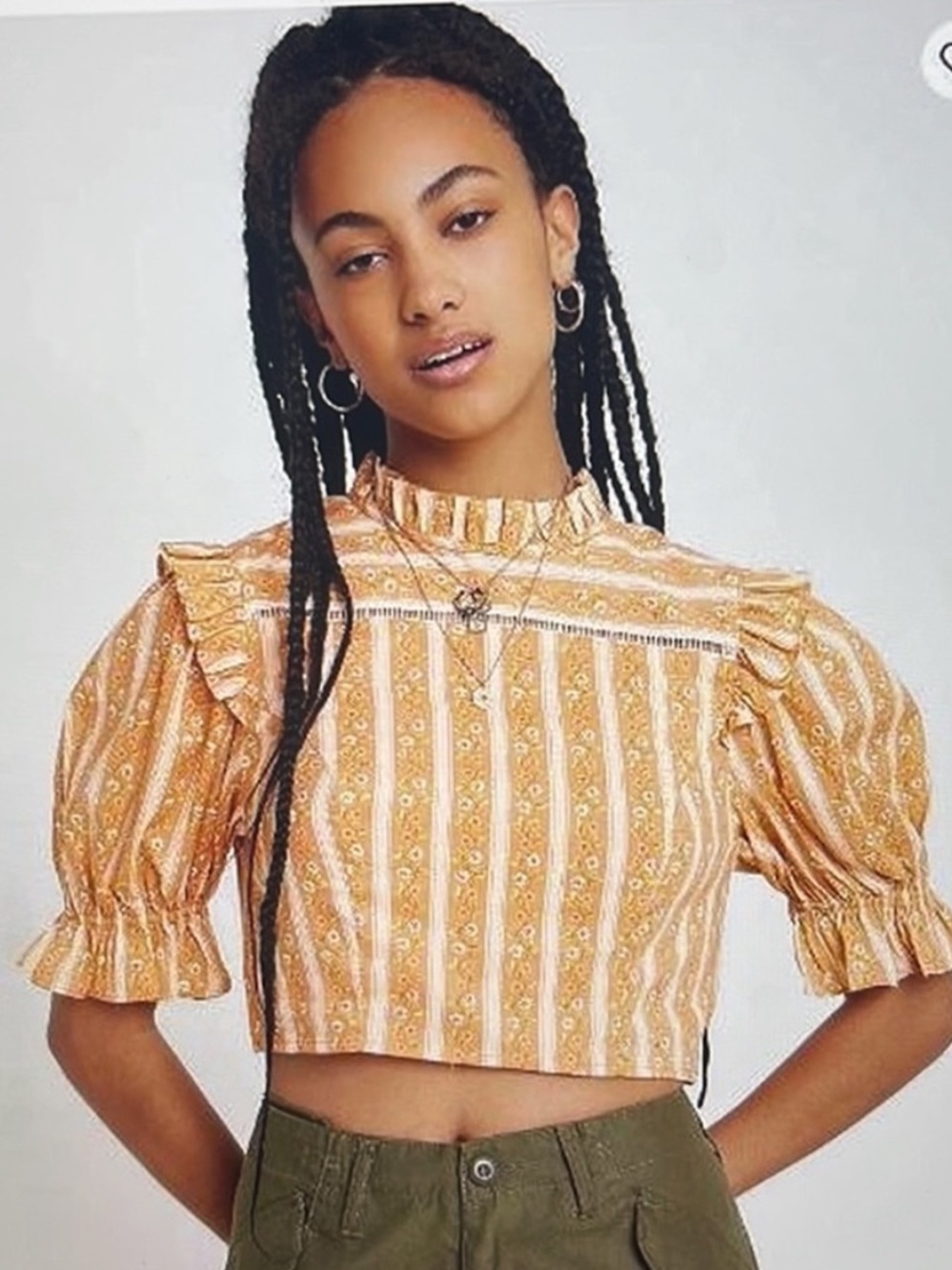 Urban Outfitters Yellow Striped Floral Ruffle Crop Top